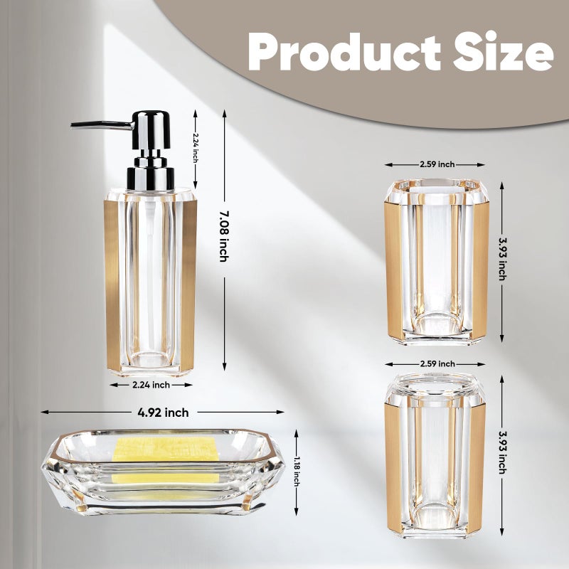 LGURT 4-Piece Premium Acrylic Bathroom Accessory Set-Hand Sanitizer Bottle Lotion Can Bathroom Suit Separate Bottle Soap Box Mouthwash Cup Toothbrush Cup (Brushed Gold) - Image 2